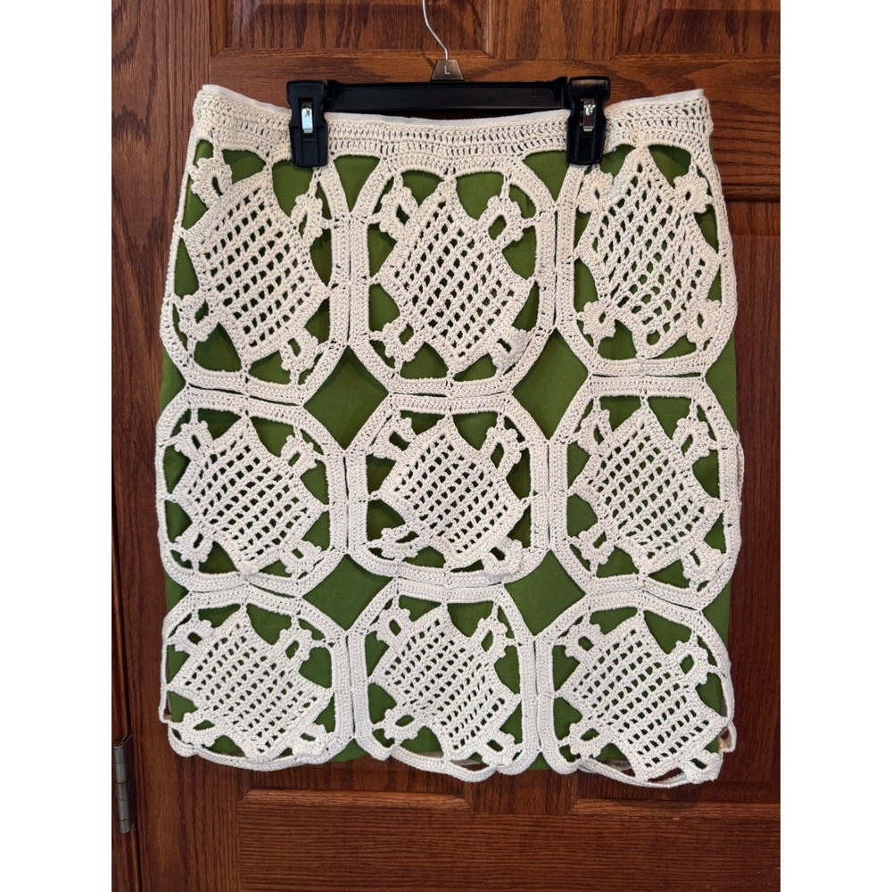 Tory Burch Green White Cotton Crochet A Line Knee Skirt Size M $425 boho country - Picture 5 of 8